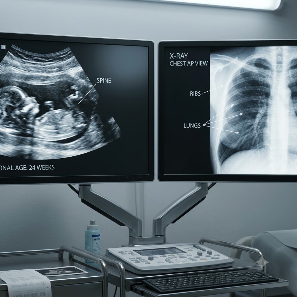 Digital ultrasound and X-Ray diagnostic imaging monitors at Mansha Diagnostic Centre, Okara
